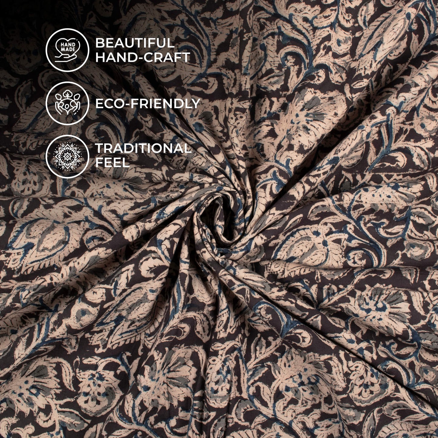 Black And Pastel Beige loral Pattern Handblock Kalamkari Cotton Fabric