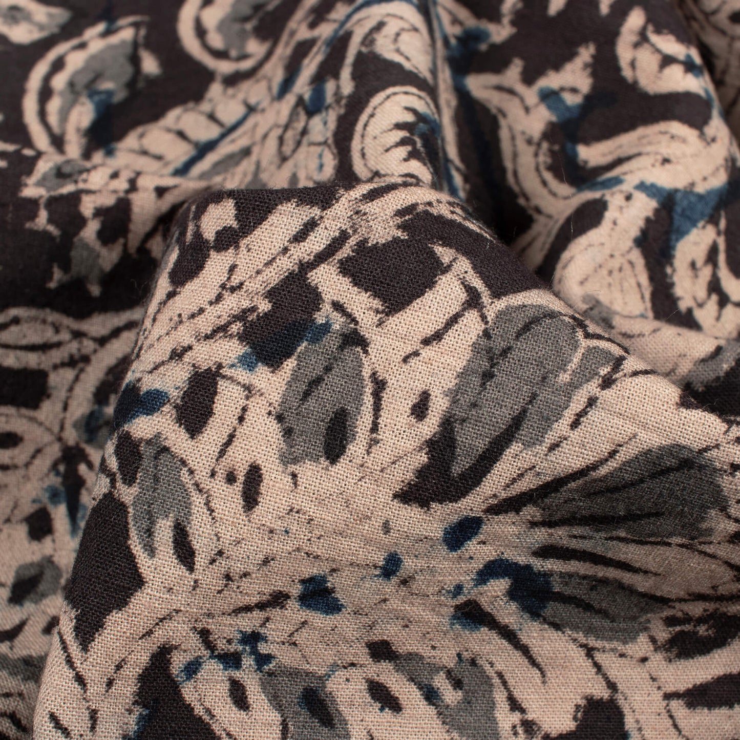 Black And Pastel Beige loral Pattern Handblock Kalamkari Cotton Fabric