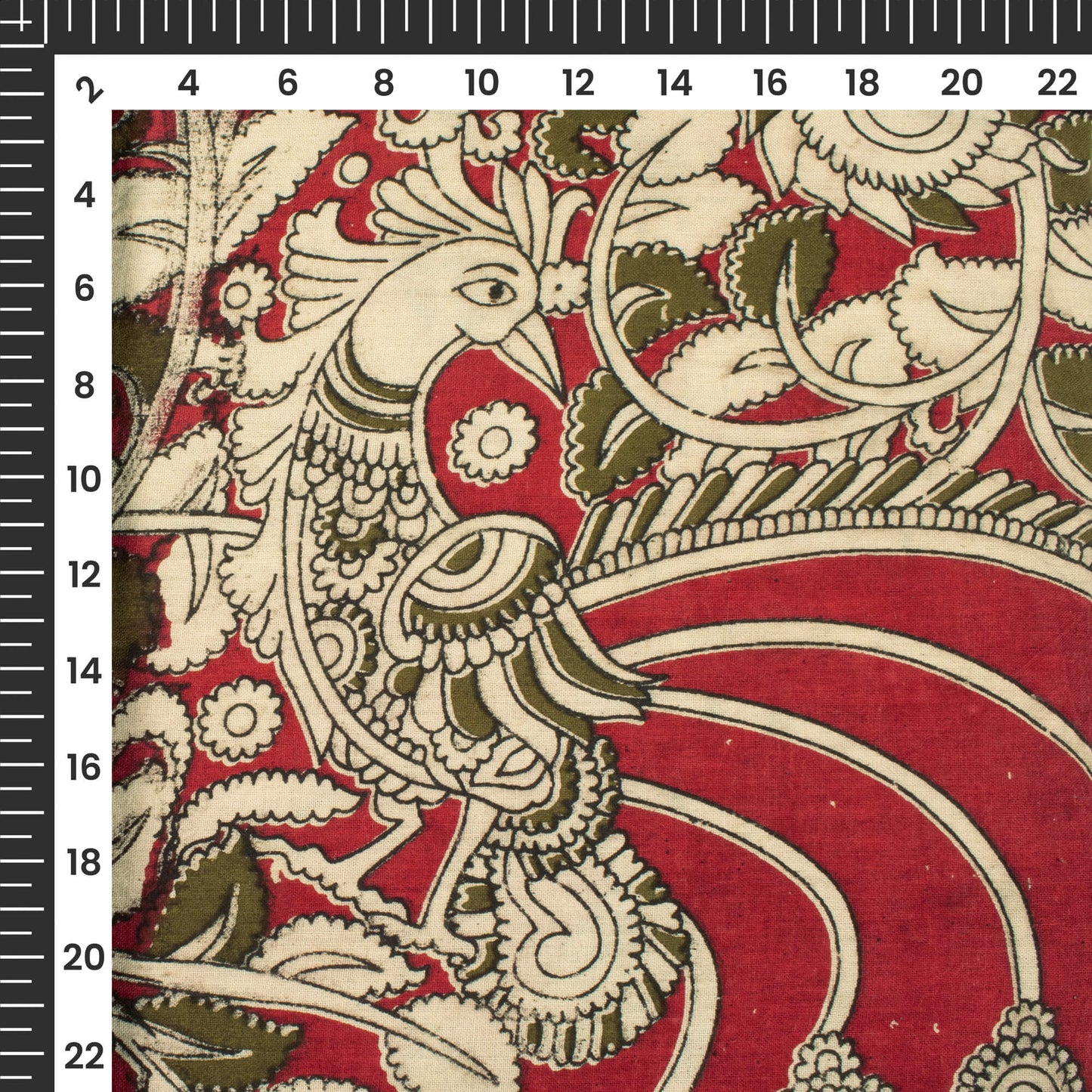Burgundy Red And Oyster Beige Floral Pattern Printed Kalamkari Cotton Fabric