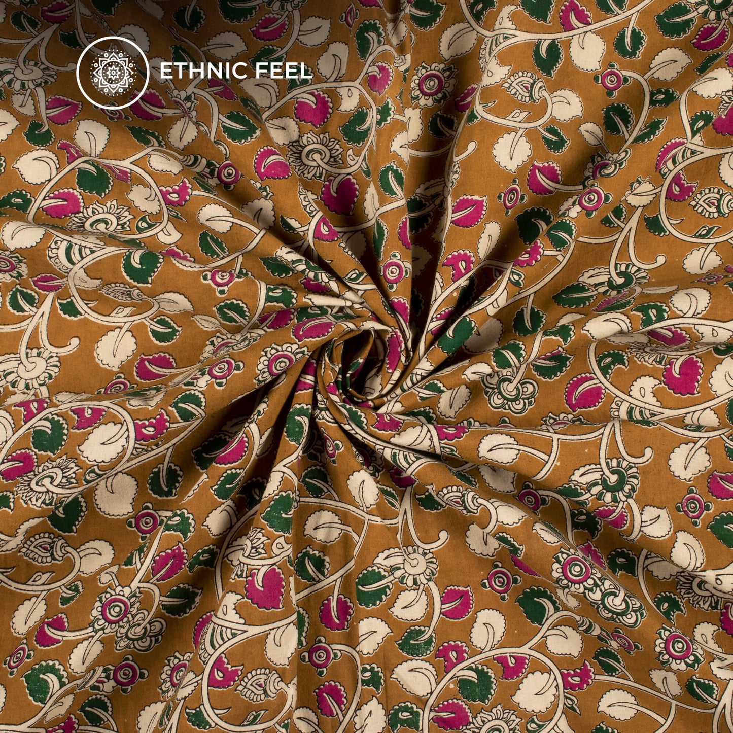 Turmeric Yellow And Beige Floral Pattern Kalamkari Cotton Fabric