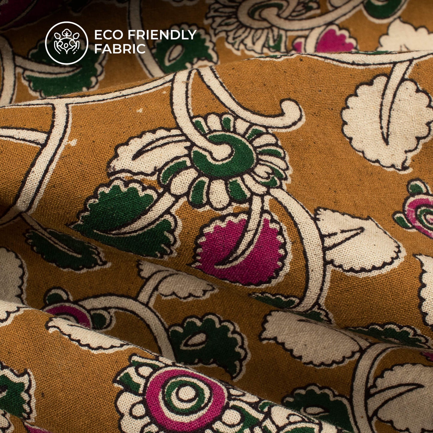 Turmeric Yellow And Beige Floral Pattern Kalamkari Cotton Fabric