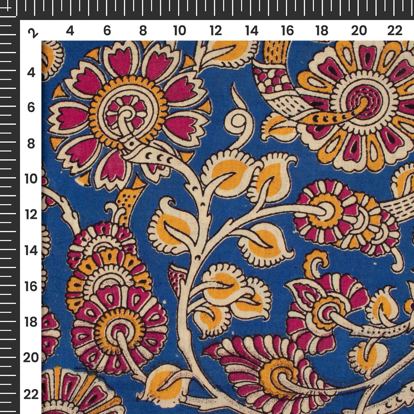 Royal Blue And Pink Floral Pattern Kalamkari Cotton Fabric