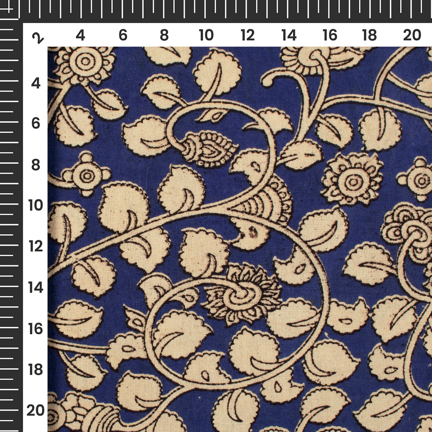 Royal Blue And Beige Leaf Pattern Kalamkari Cotton Fabric