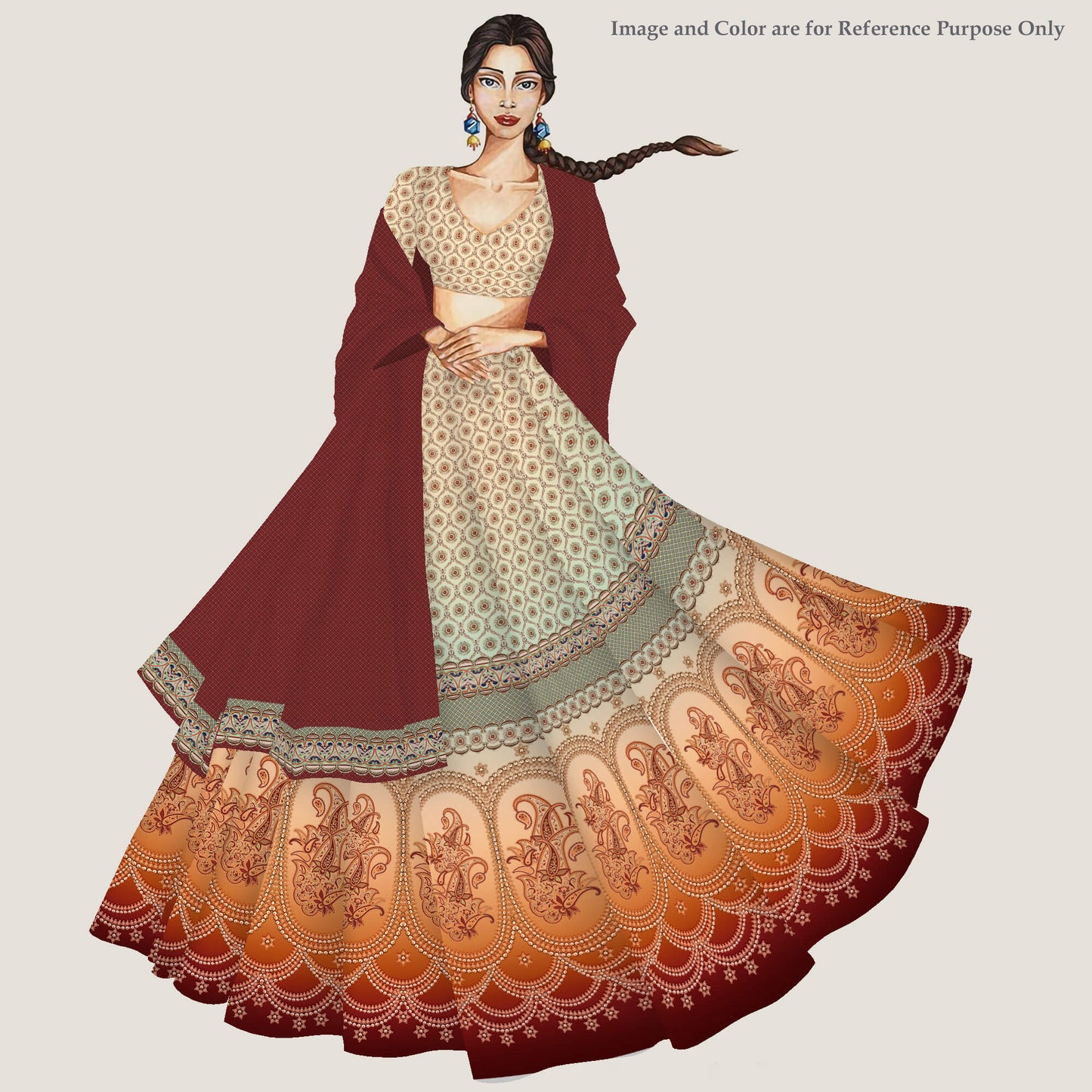Orange and Green Paisley Printed Kali Set With Unstitched Blouse