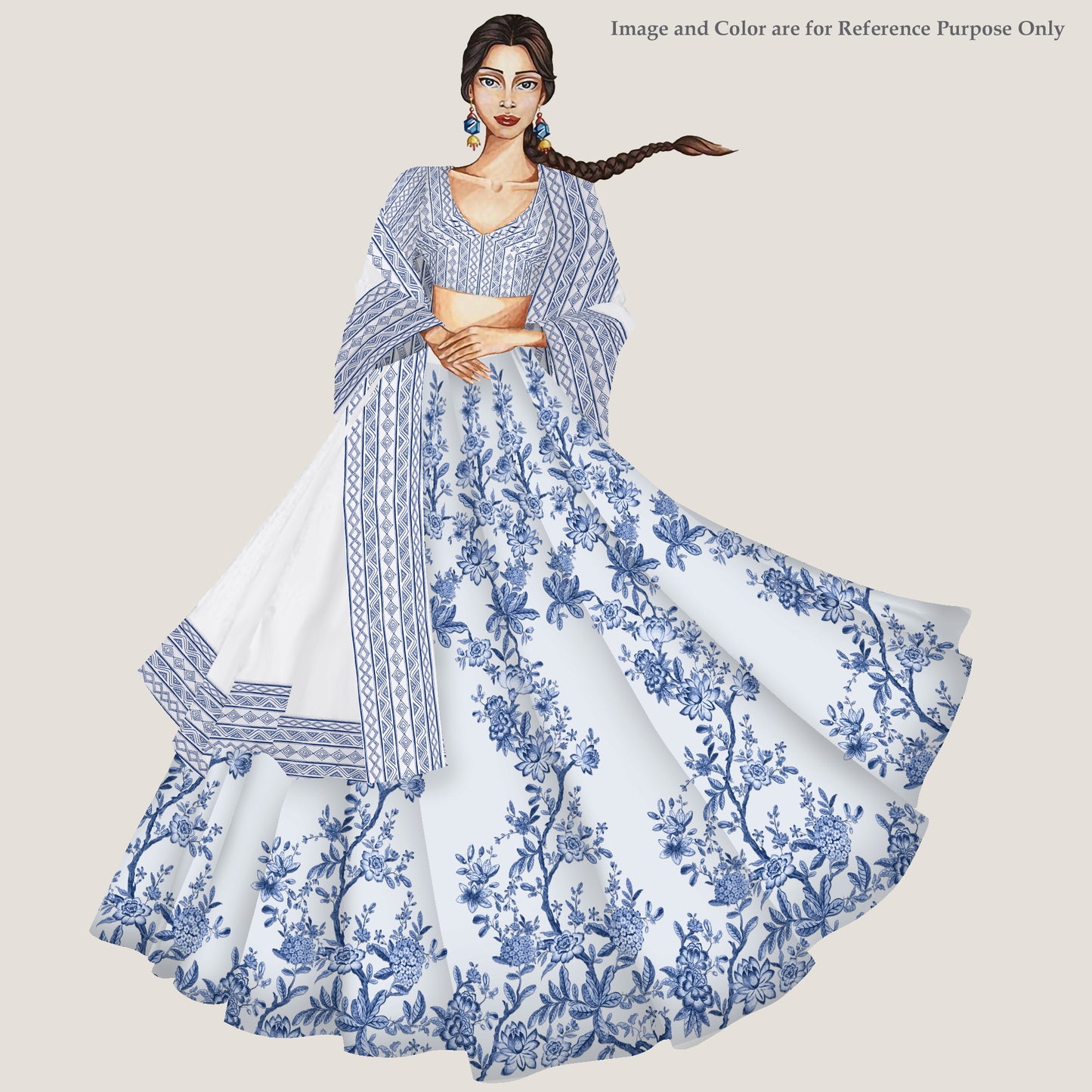 Navy Blue Floral Printed Kali Set With Unstitched Blouse