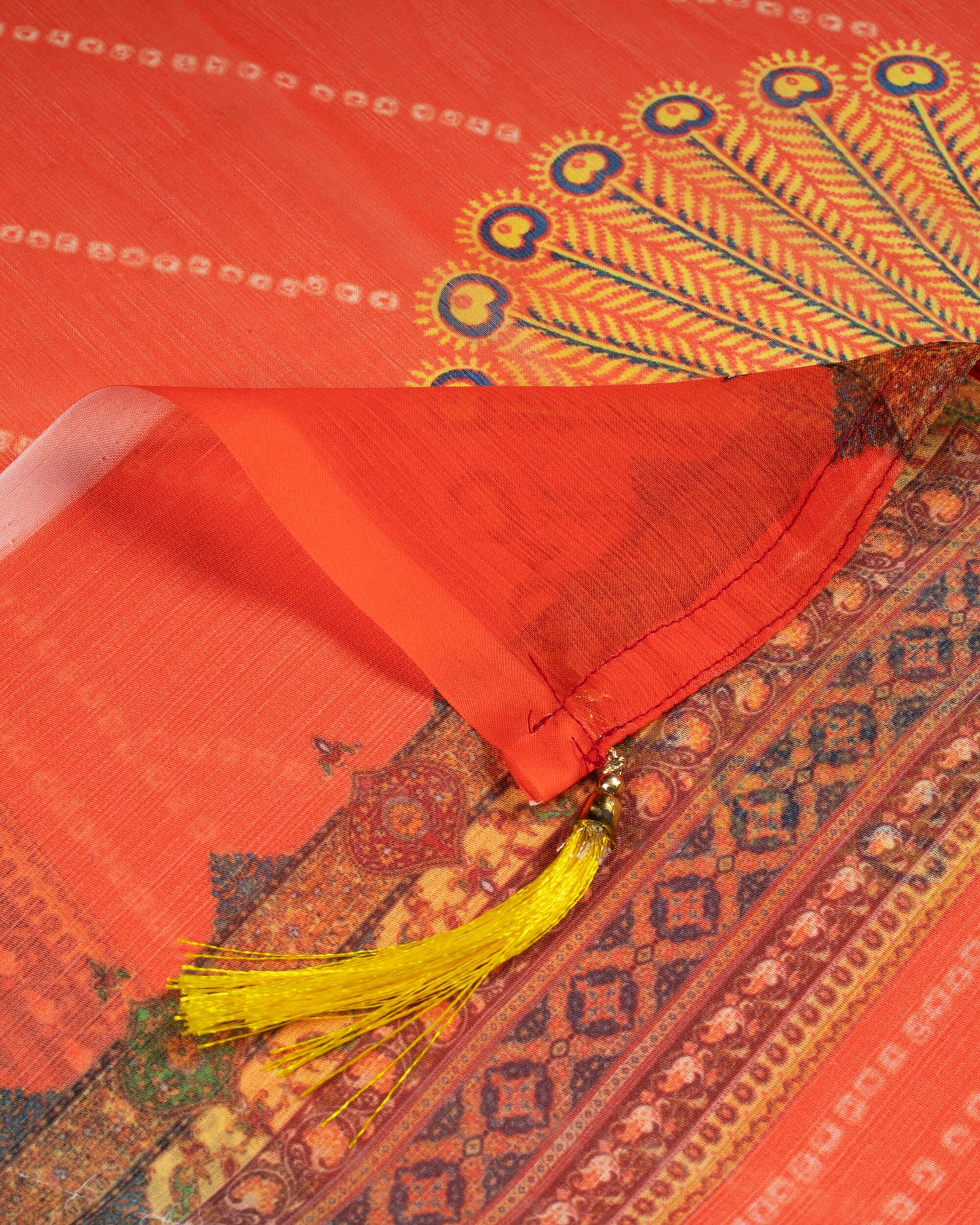 Red And Off White Traditional Kali Set With Unstitched Blouse