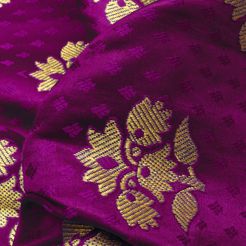 Purple And Green Floral Pattern Zari Jacquard Bordered Banarasi Katan Silk Satin Fabric - Fabcurate