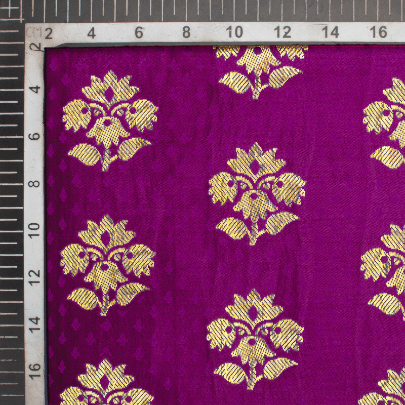 Purple And Green Floral Pattern Zari Jacquard Bordered Banarasi Katan Silk Satin Fabric - Fabcurate