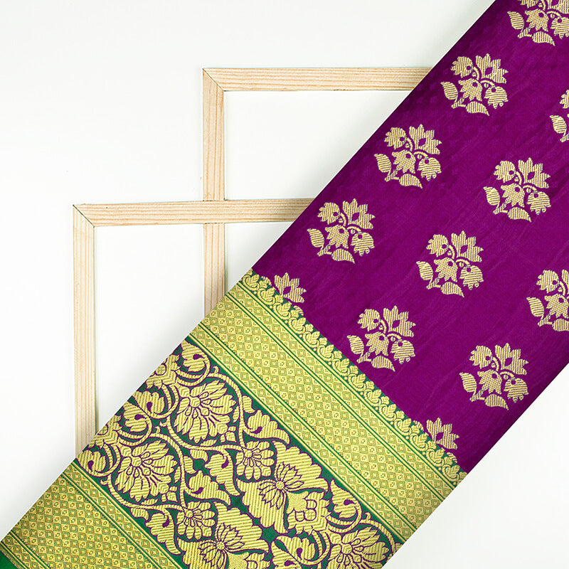 Purple And Green Floral Pattern Zari Jacquard Bordered Banarasi Katan Silk Satin Fabric - Fabcurate