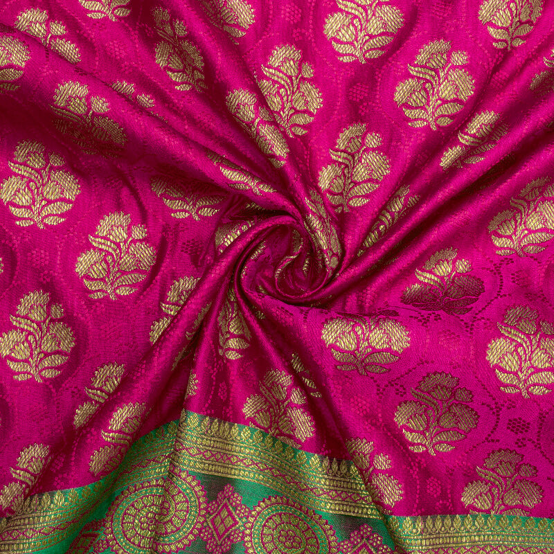 Fuchsia And Green Floral Pattern Zari Jacquard Bordered Banarasi Katan Silk Satin Fabric - Fabcurate