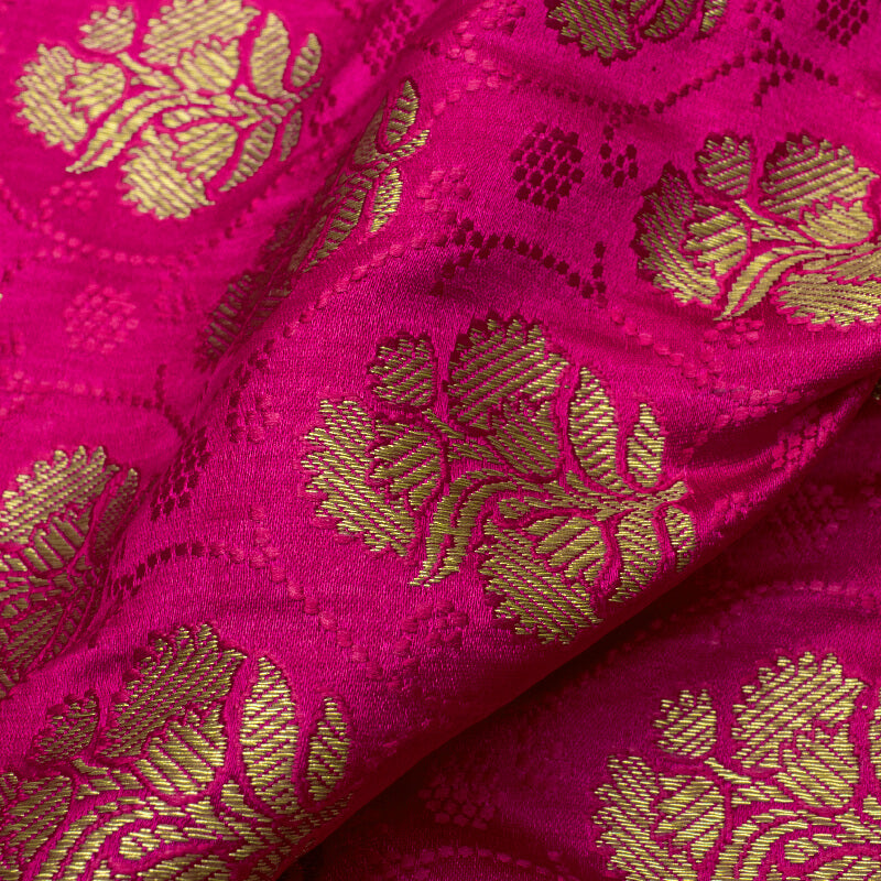 Fuchsia And Green Floral Pattern Zari Jacquard Bordered Banarasi Katan Silk Satin Fabric - Fabcurate