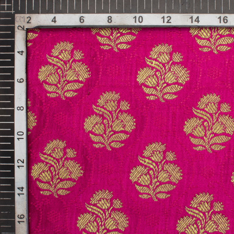 Fuchsia And Green Floral Pattern Zari Jacquard Bordered Banarasi Katan Silk Satin Fabric - Fabcurate