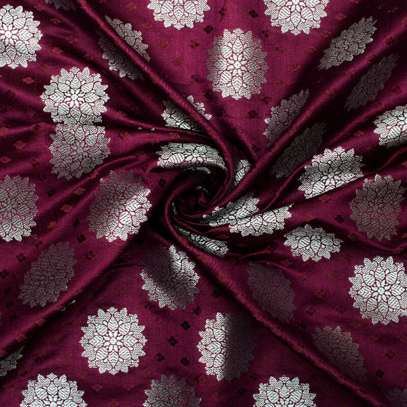 Raisin Purple Floral Pattern Zari Jacquard Banarasi Katan Silk Satin Fabric - Fabcurate