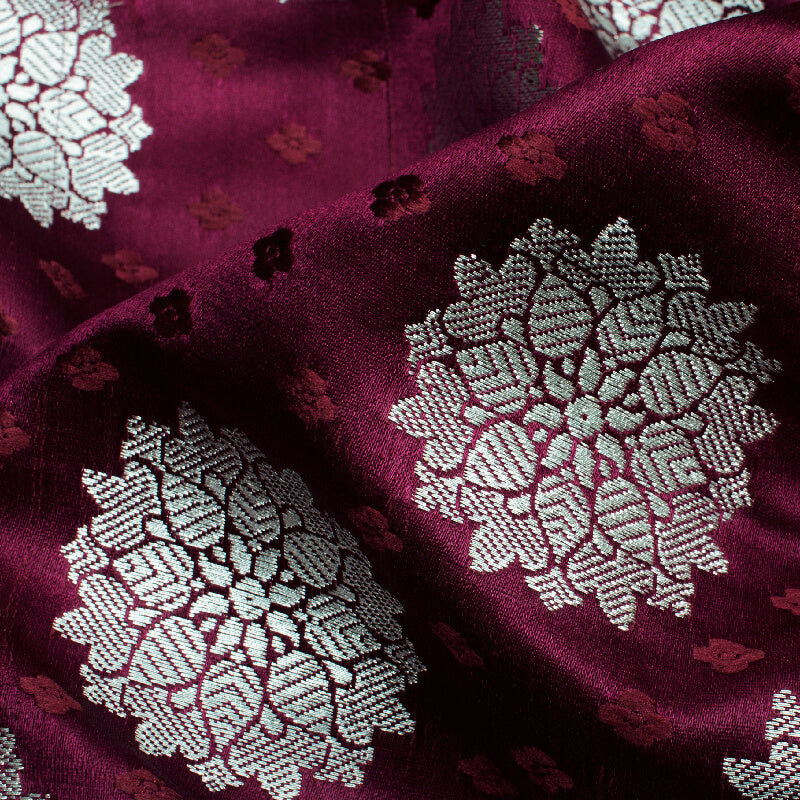 Raisin Purple Floral Pattern Zari Jacquard Banarasi Katan Silk Satin Fabric - Fabcurate