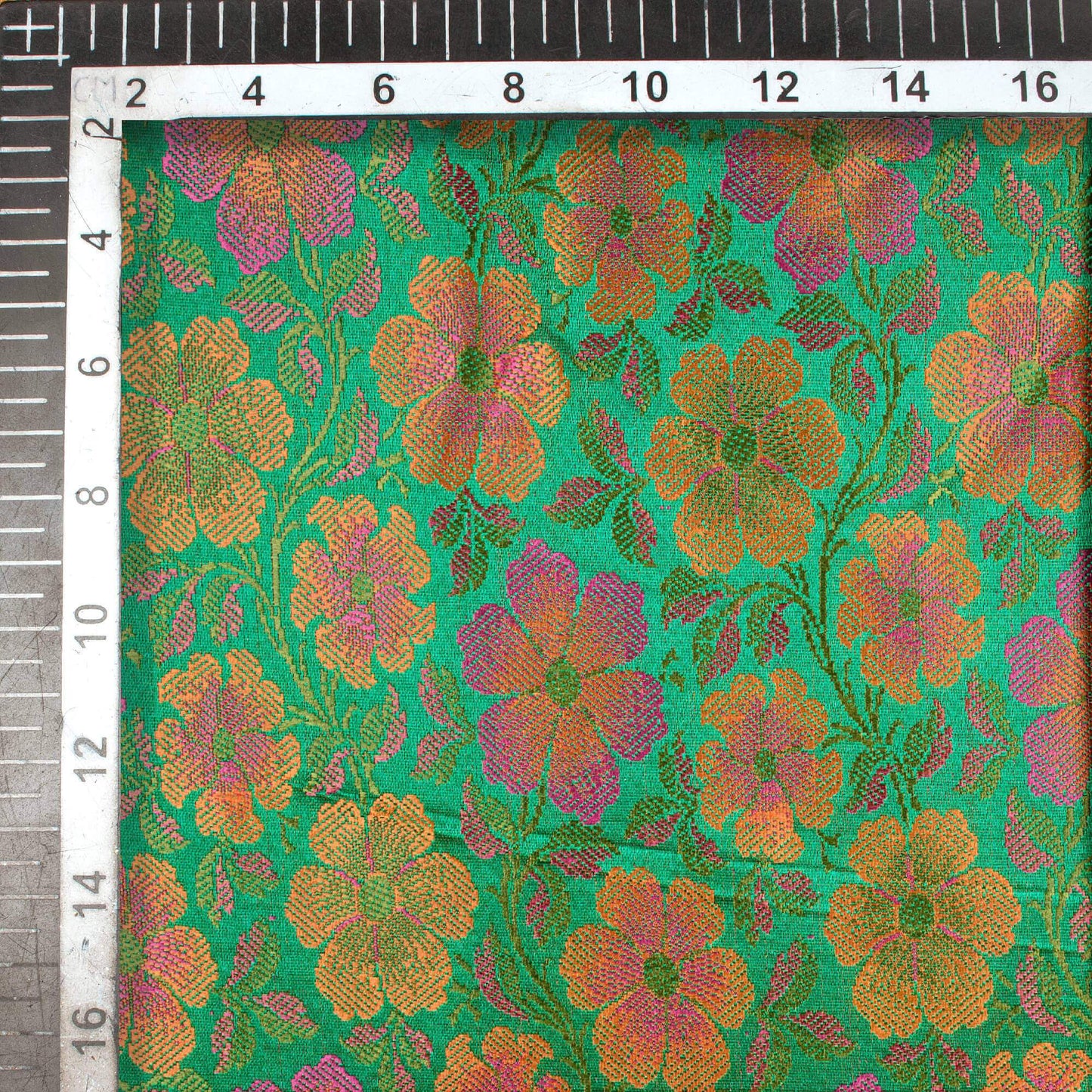 Green And Pink Floral Pattern Banarasi Resham Brocade Katan Silk Fabric