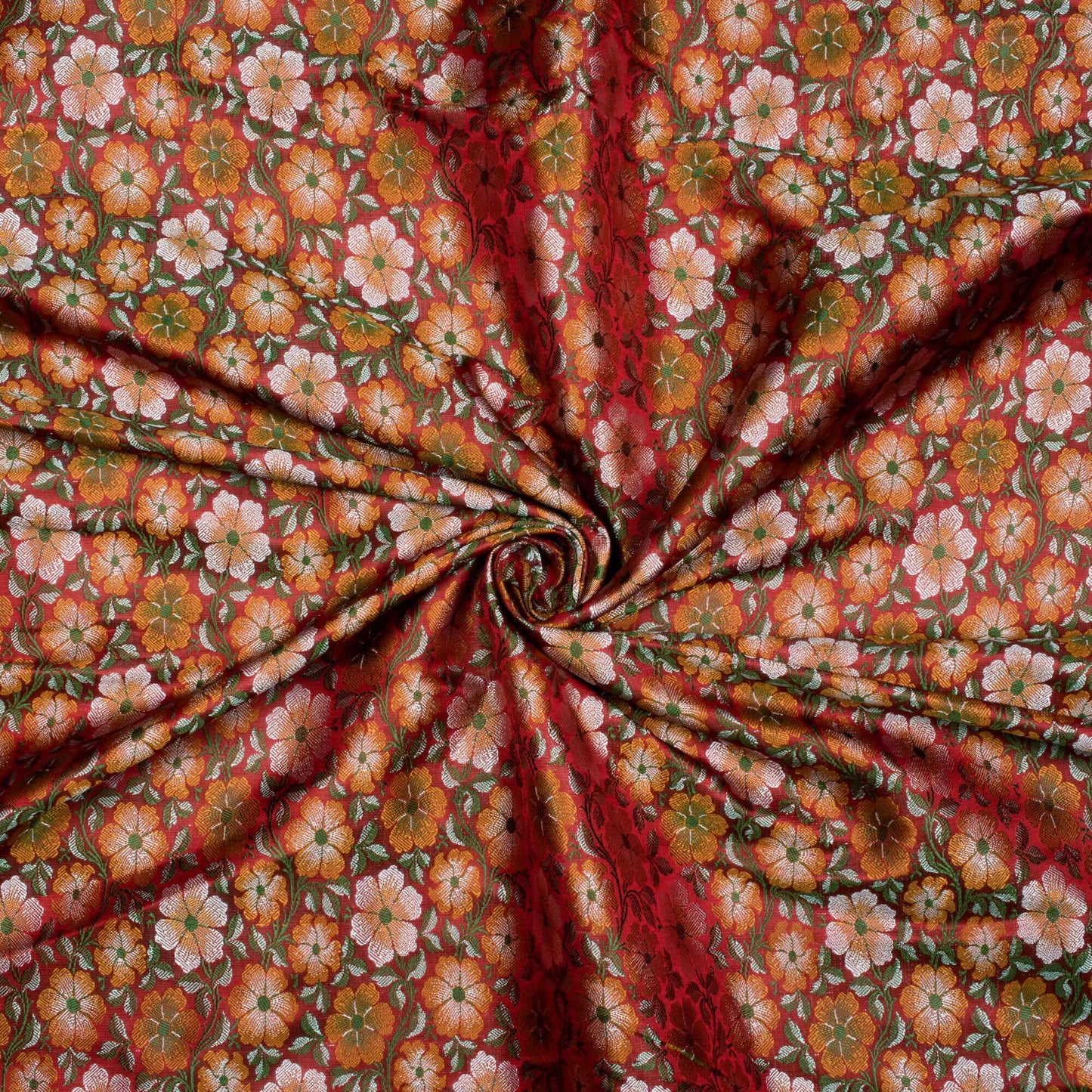 Brick Red And Yellow Floral Pattern Banarasi Resham Brocade Katan Silk Fabric