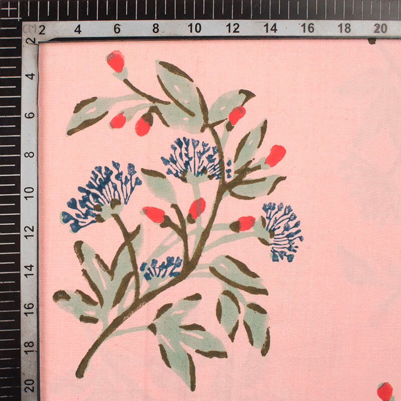 Pink And Tea Green Floral Pattern Handblock Lizzy Bizzy Fabric - Fabcurate