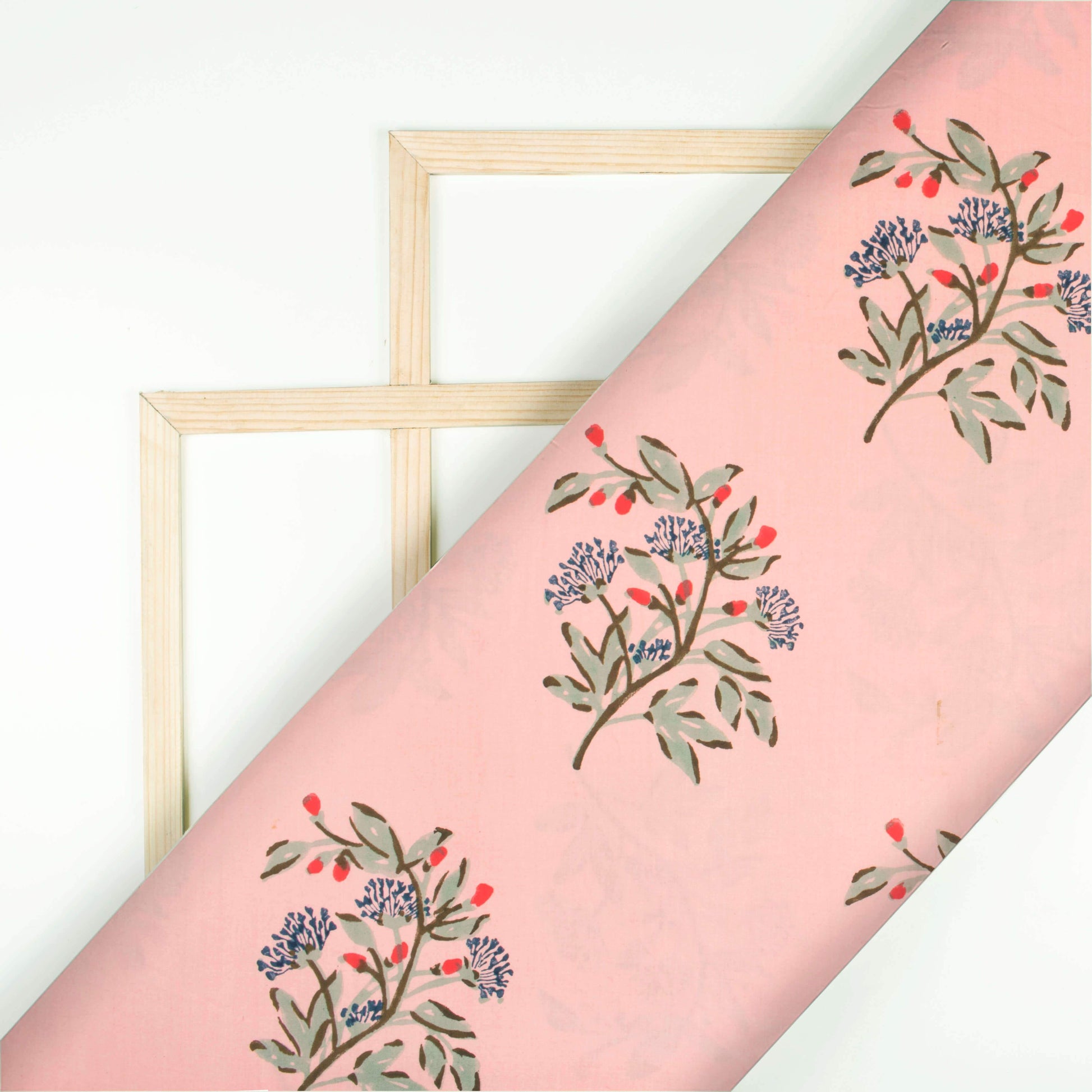 Pink And Tea Green Floral Pattern Handblock Lizzy Bizzy Fabric - Fabcurate