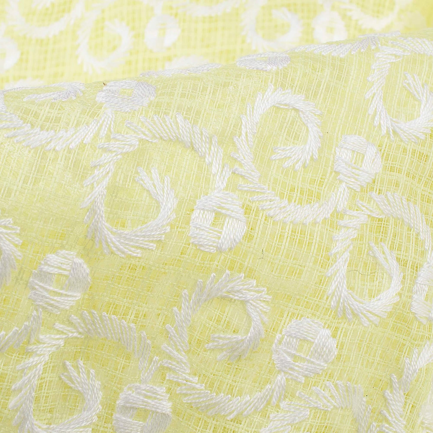 Light Yellow Traditional Pattern Lucknowi Embroidery Cotton Kota Doria Fabric - Fabcurate