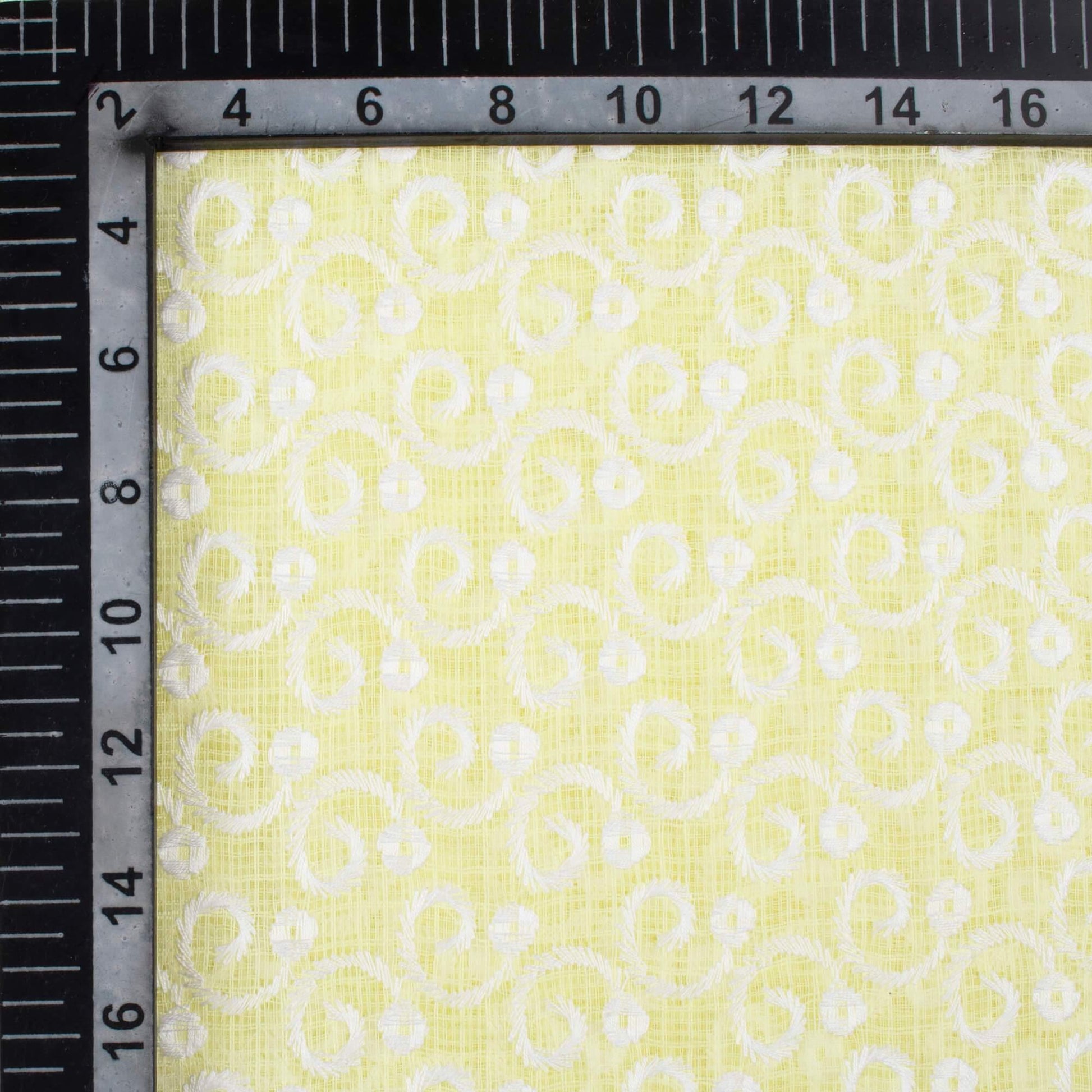 Light Yellow Traditional Pattern Lucknowi Embroidery Cotton Kota Doria Fabric - Fabcurate