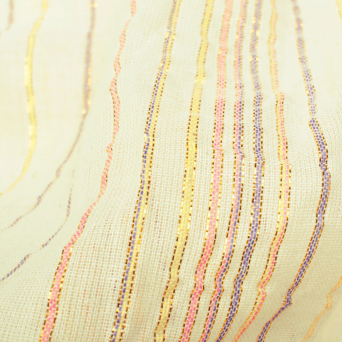 Off White And Purple Stripes Pattern Lurex Mulmul Fabric - Fabcurate