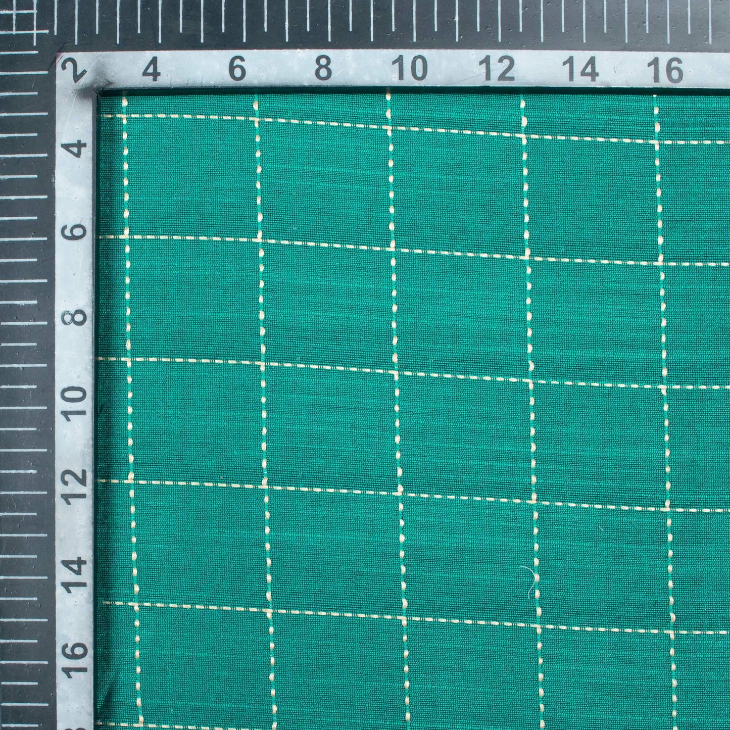 Teal Green Kantha Checks Pattern Raw Silk Fabric - Fabcurate