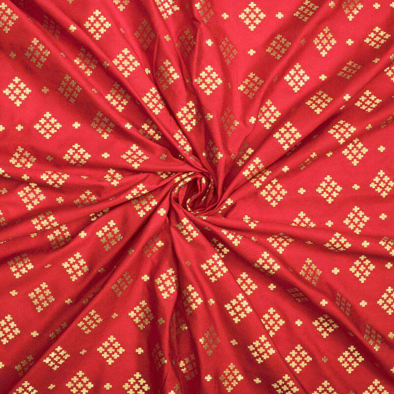 Red Geometric Pattern Zari Jacquard Banarasi Silk Fabric - Fabcurate