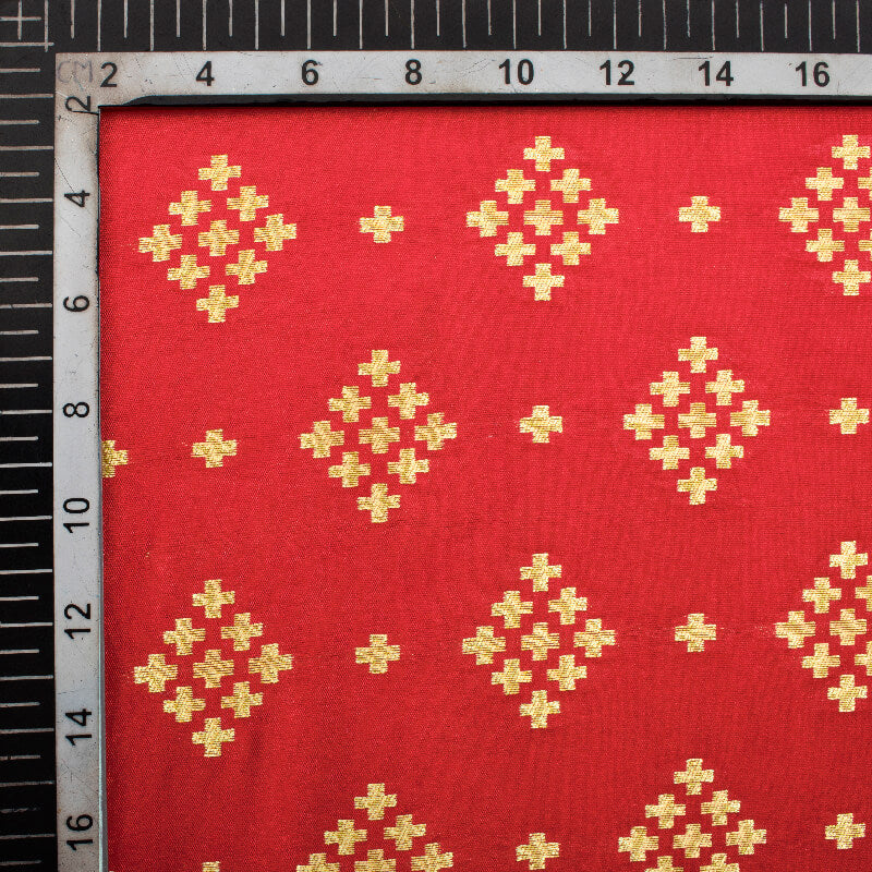 Red Geometric Pattern Zari Jacquard Banarasi Silk Fabric - Fabcurate