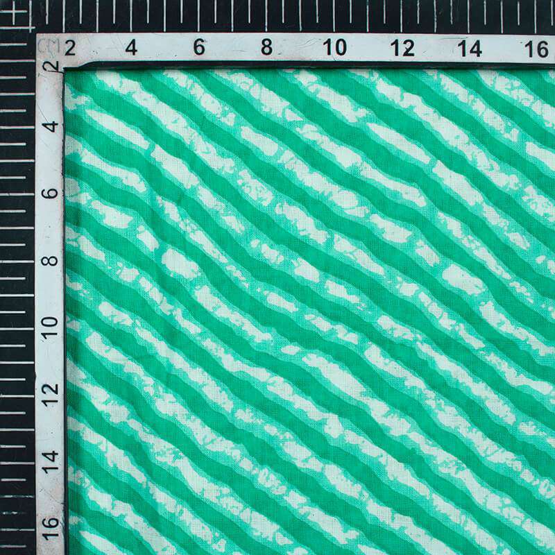 Turquoise Blue And White Leheriya Pattern Screen Print Cotton Fabric - Fabcurate