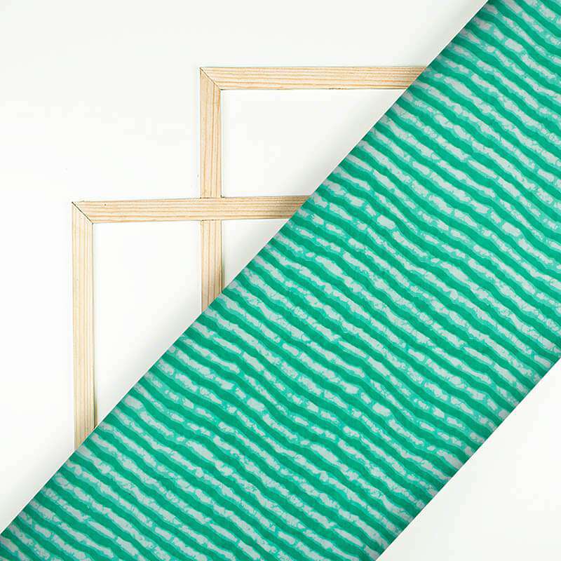 Turquoise Blue And White Leheriya Pattern Screen Print Cotton Fabric - Fabcurate