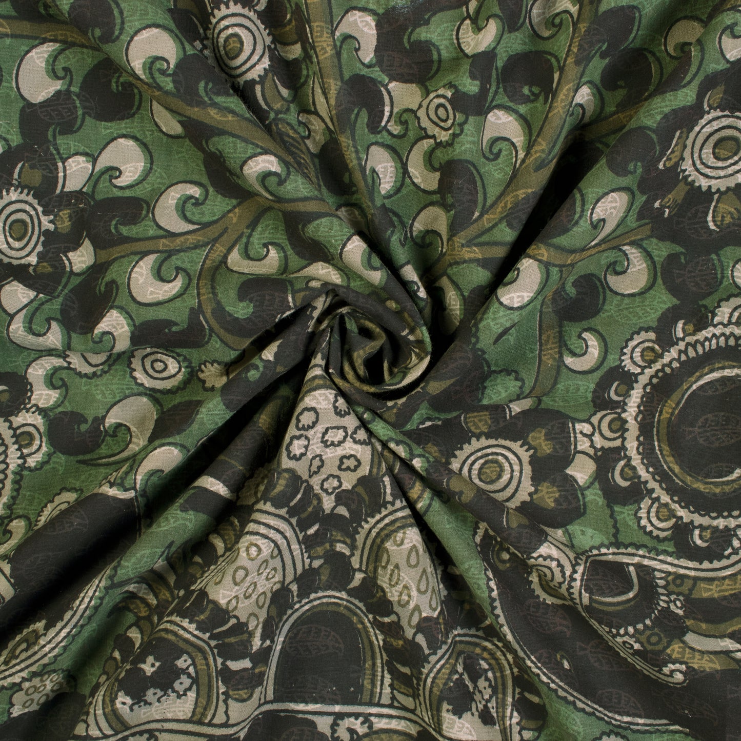 Olive Green And Dark Brown Kalamkari Pattern Screen Print Cotton Fabric - Fabcurate