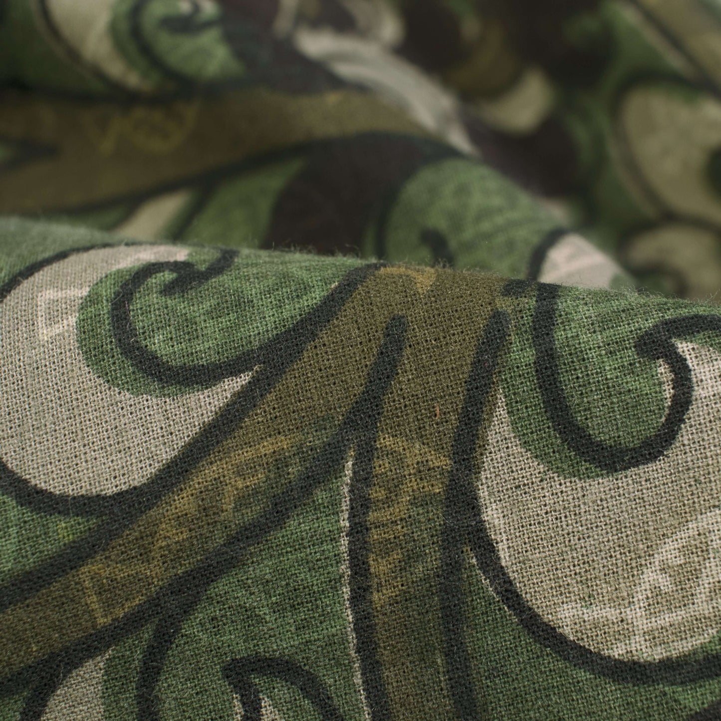 Olive Green And Dark Brown Kalamkari Pattern Screen Print Cotton Fabric - Fabcurate