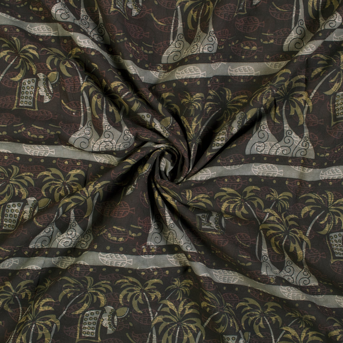 Brown And Grey Tree Pattern Screen Print Cotton Fabric - Fabcurate