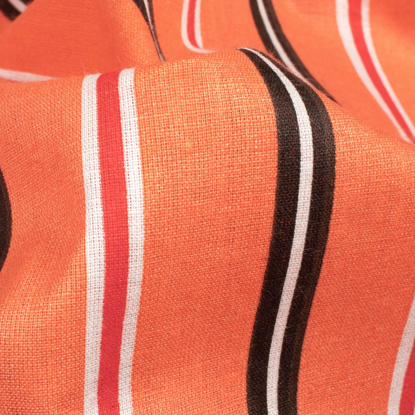 Salmon Orange And Black Stripes Pattern Screen Print Cotton Cambric Fabric