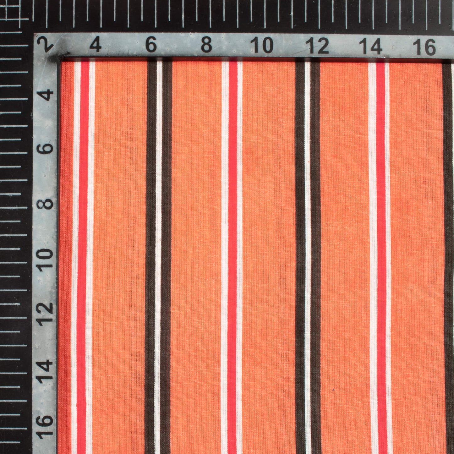 Salmon Orange And Black Stripes Pattern Screen Print Cotton Cambric Fabric