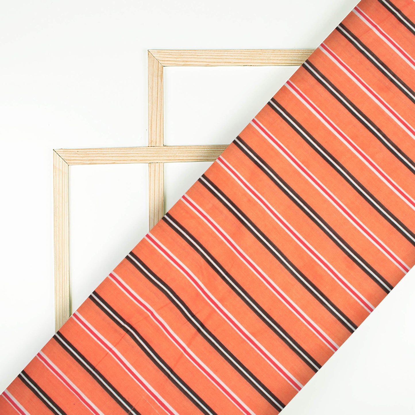 Salmon Orange And Black Stripes Pattern Screen Print Cotton Cambric Fabric
