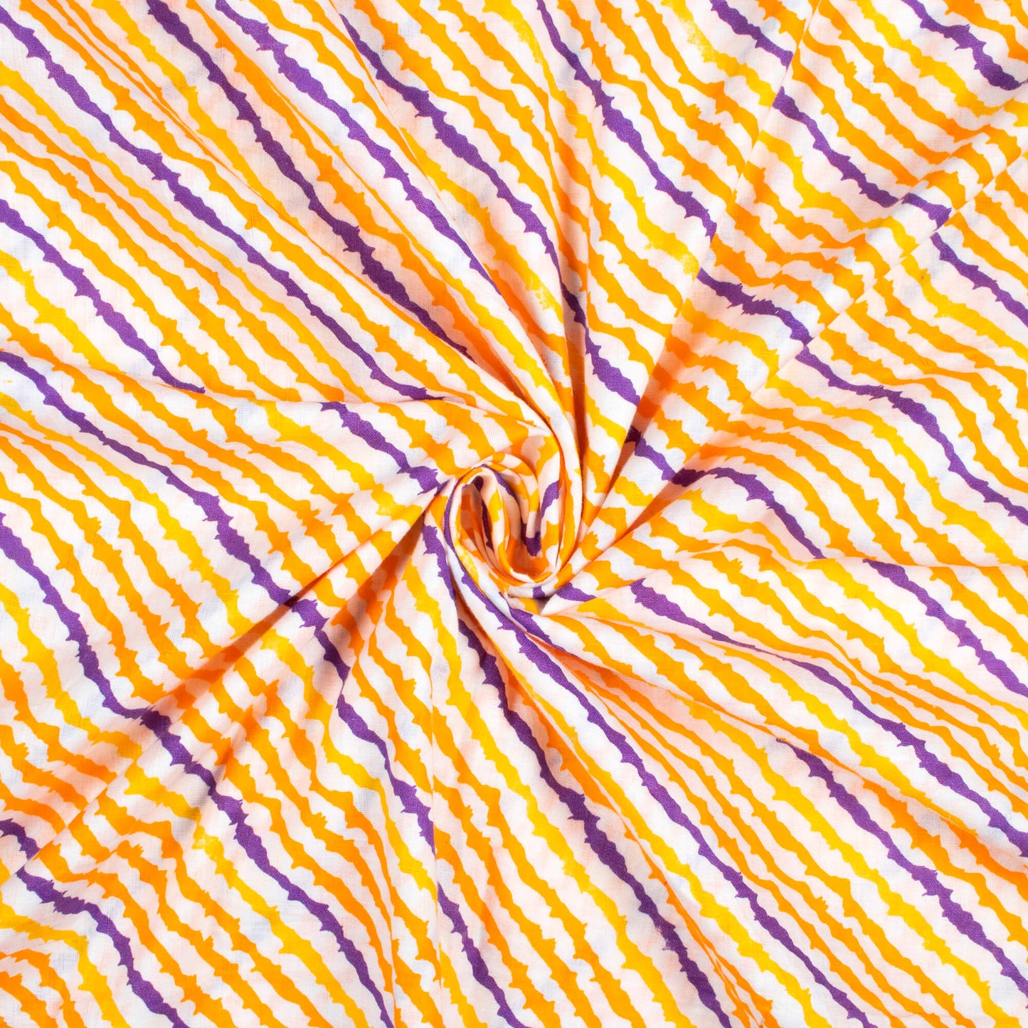 White And Orange Leheriya Pattern Screen Print Cotton Cambric Fabric