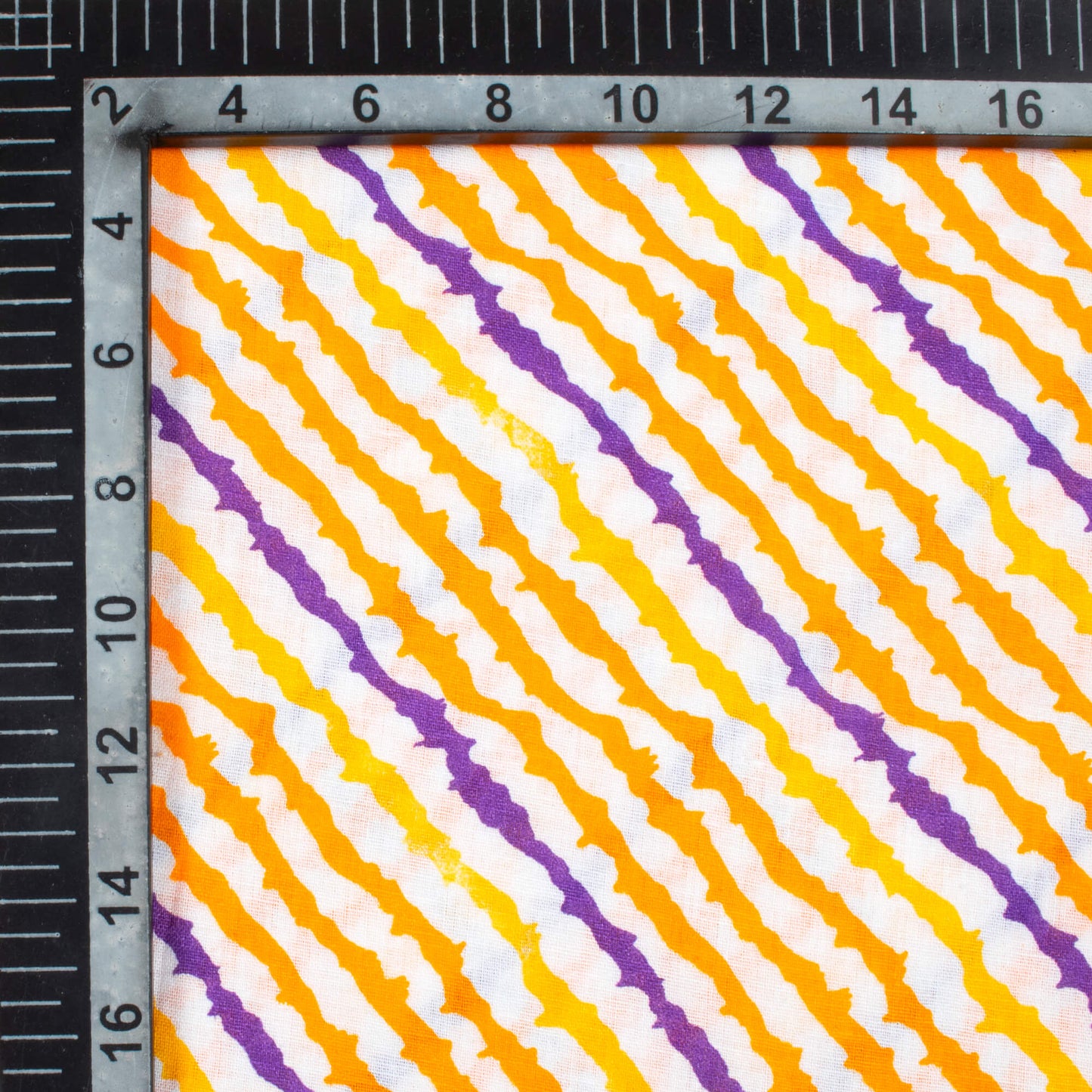 White And Orange Leheriya Pattern Screen Print Cotton Cambric Fabric