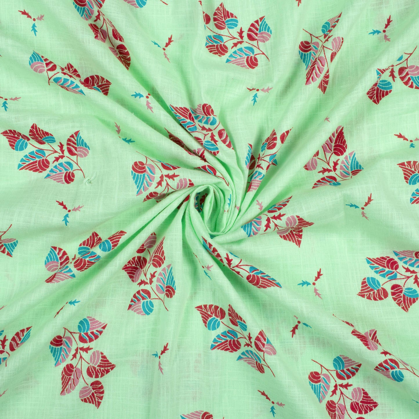 Mint Green And Cherry Red Leaf Pattern Screen Print Cotton Slub Fabric