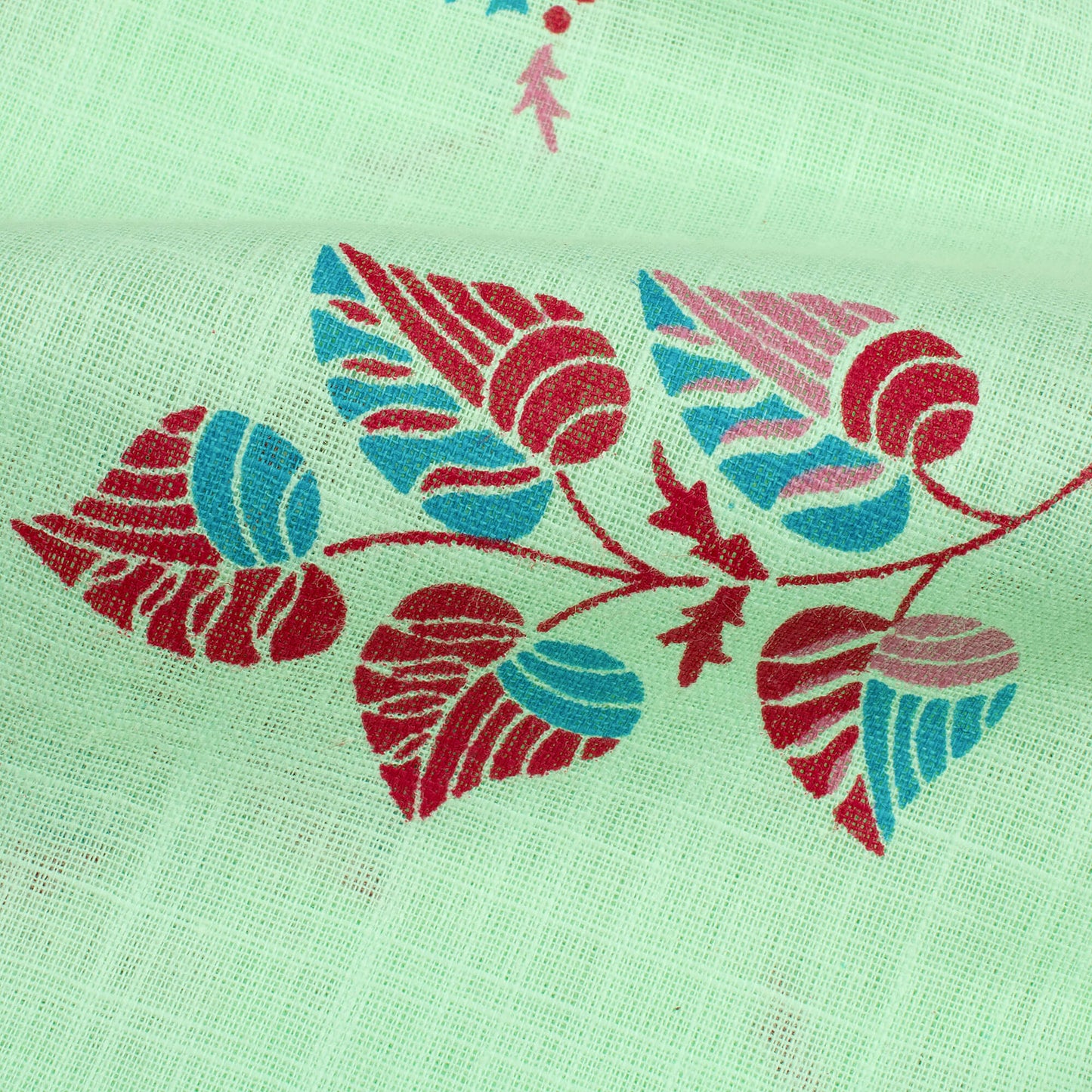 Mint Green And Cherry Red Leaf Pattern Screen Print Cotton Slub Fabric