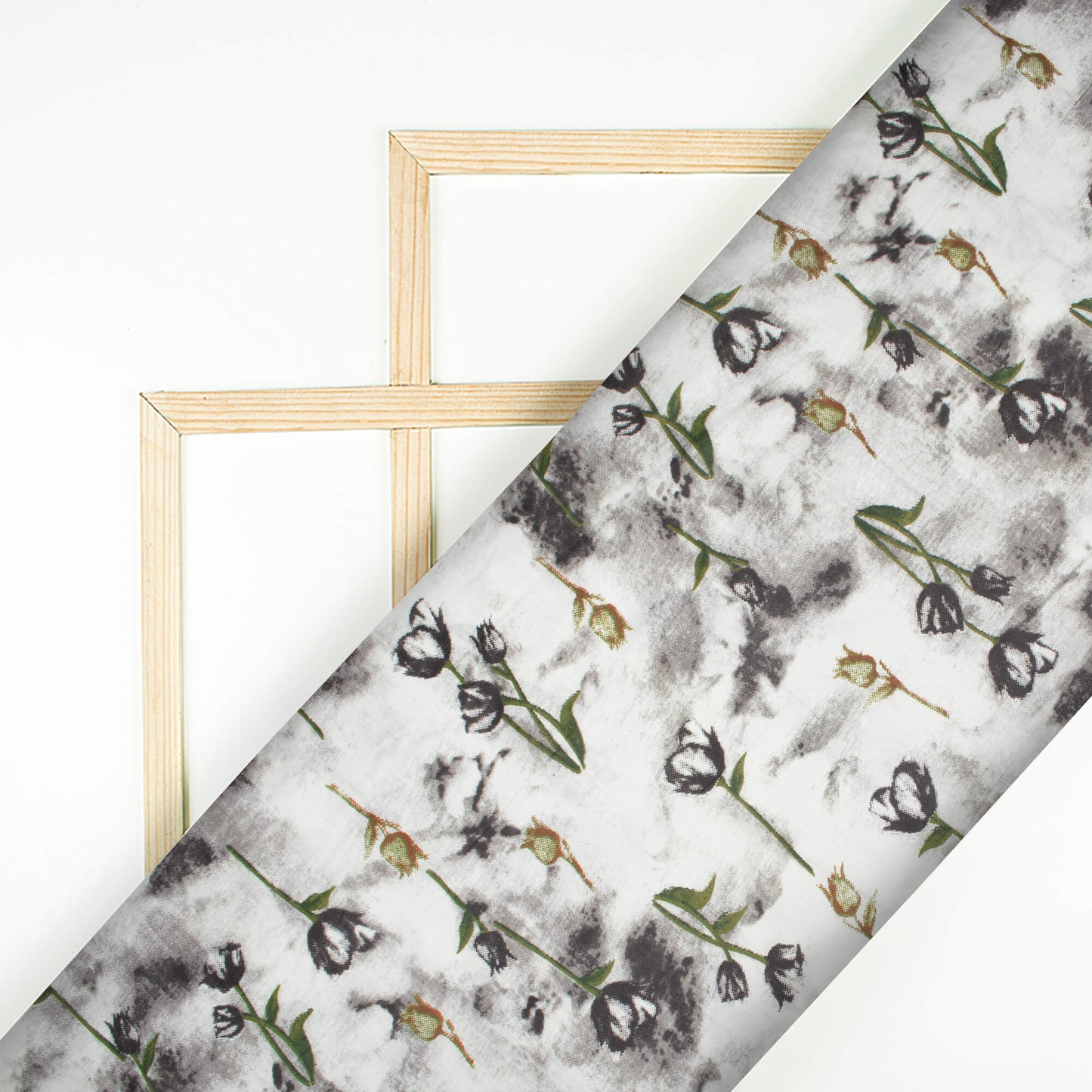 Lava Grey And White Floral Pattern Screen Print Cotton Cambric Fabric