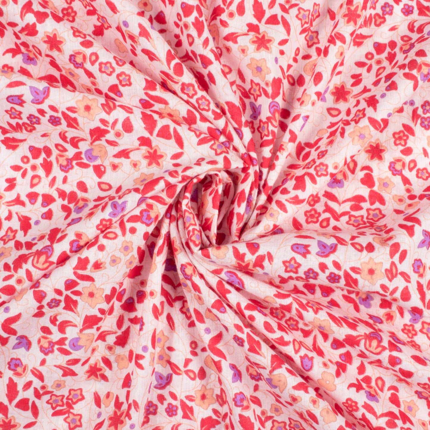 White And Cherry Red Floral Pattern Screen Print Cotton Cambric Fabric