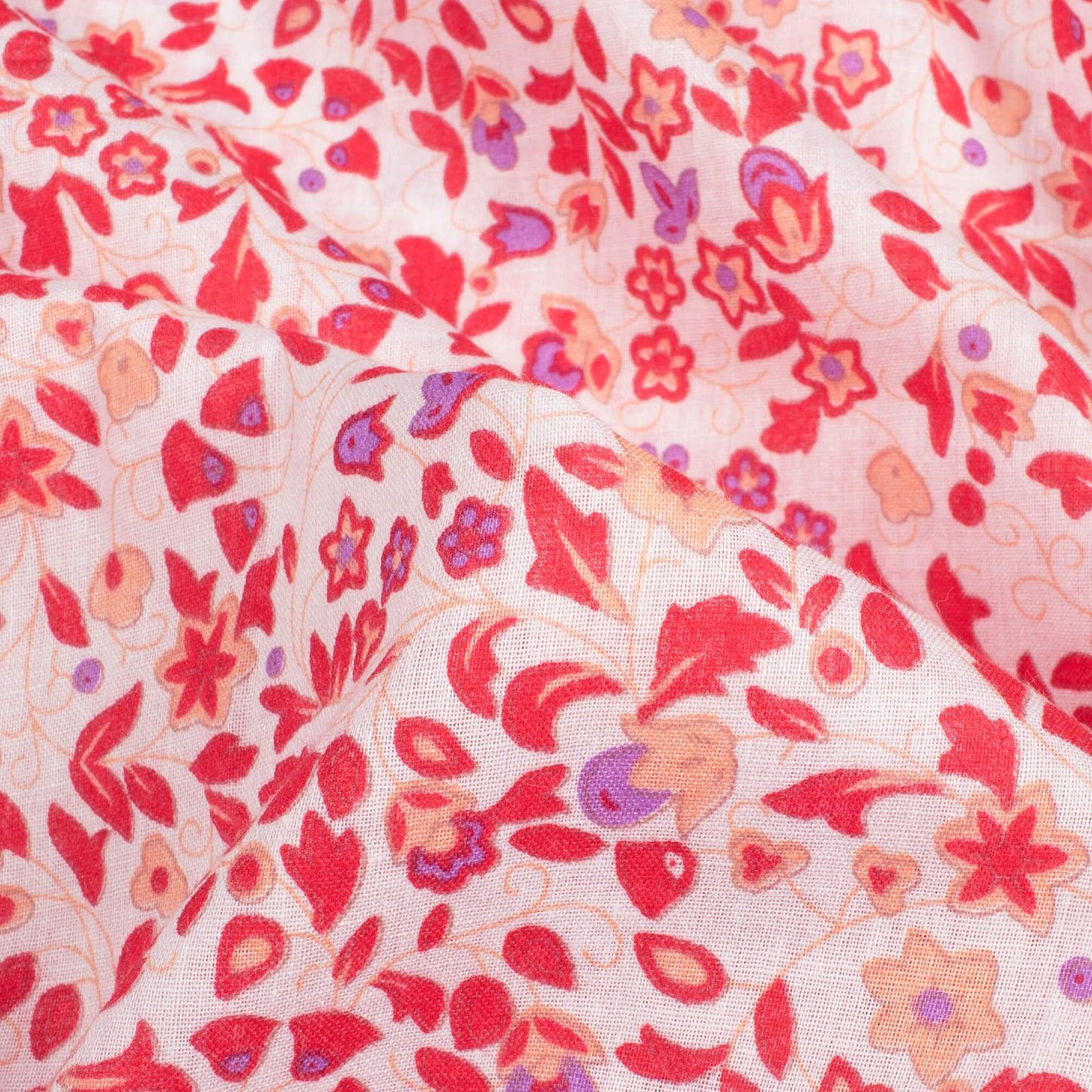 White And Cherry Red Floral Pattern Screen Print Cotton Cambric Fabric