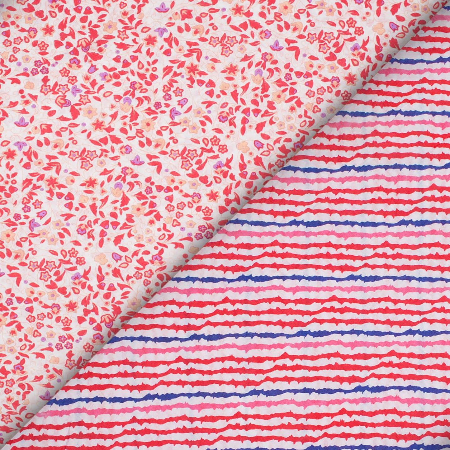 White And Cherry Red Floral Pattern Screen Print Cotton Cambric Fabric