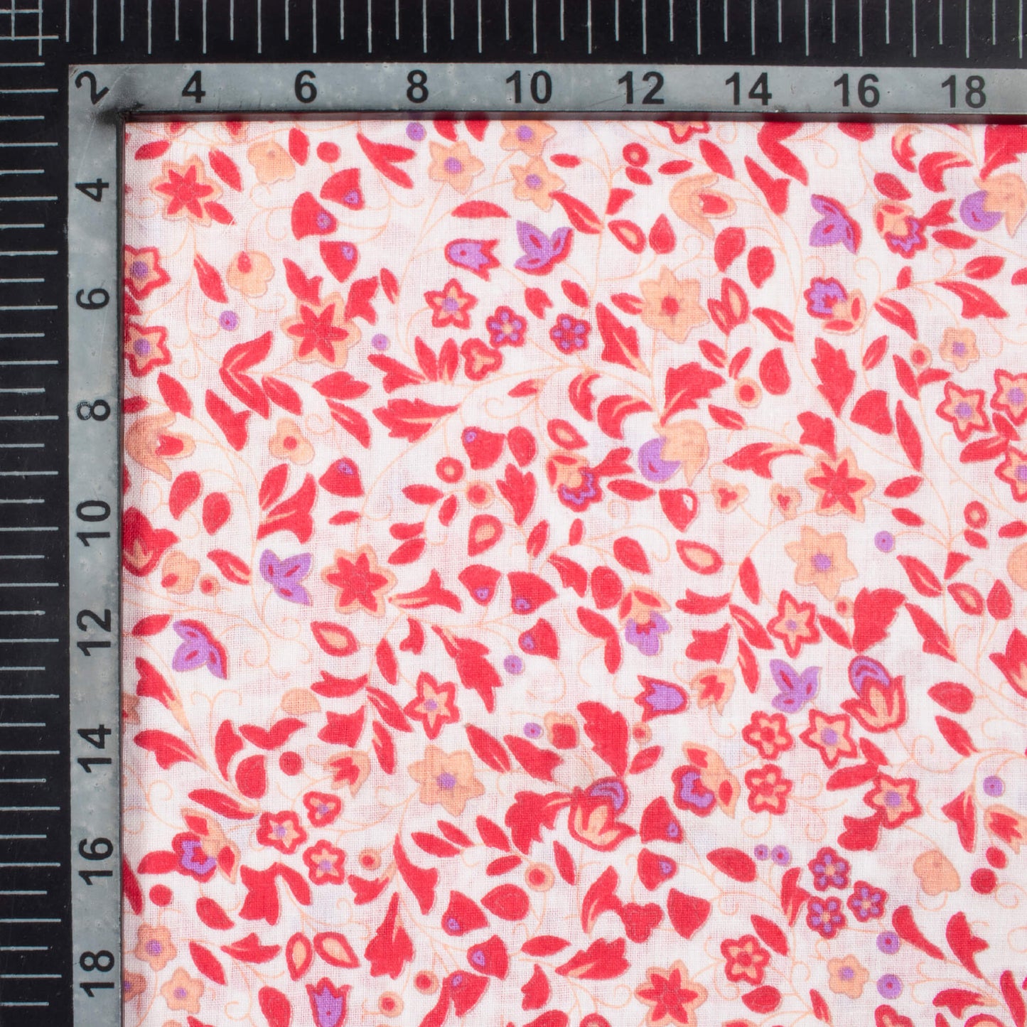 White And Cherry Red Floral Pattern Screen Print Cotton Cambric Fabric