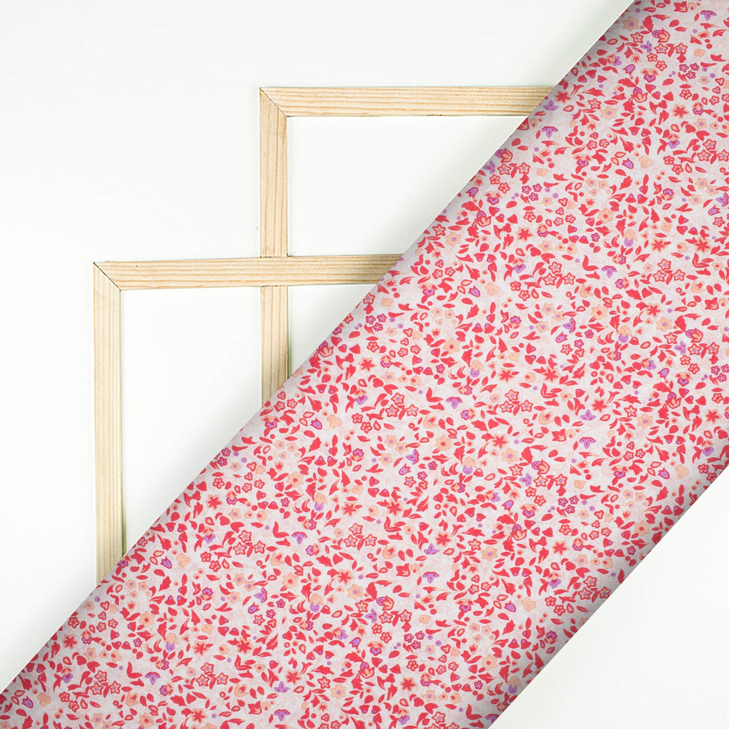 White And Cherry Red Floral Pattern Screen Print Cotton Cambric Fabric