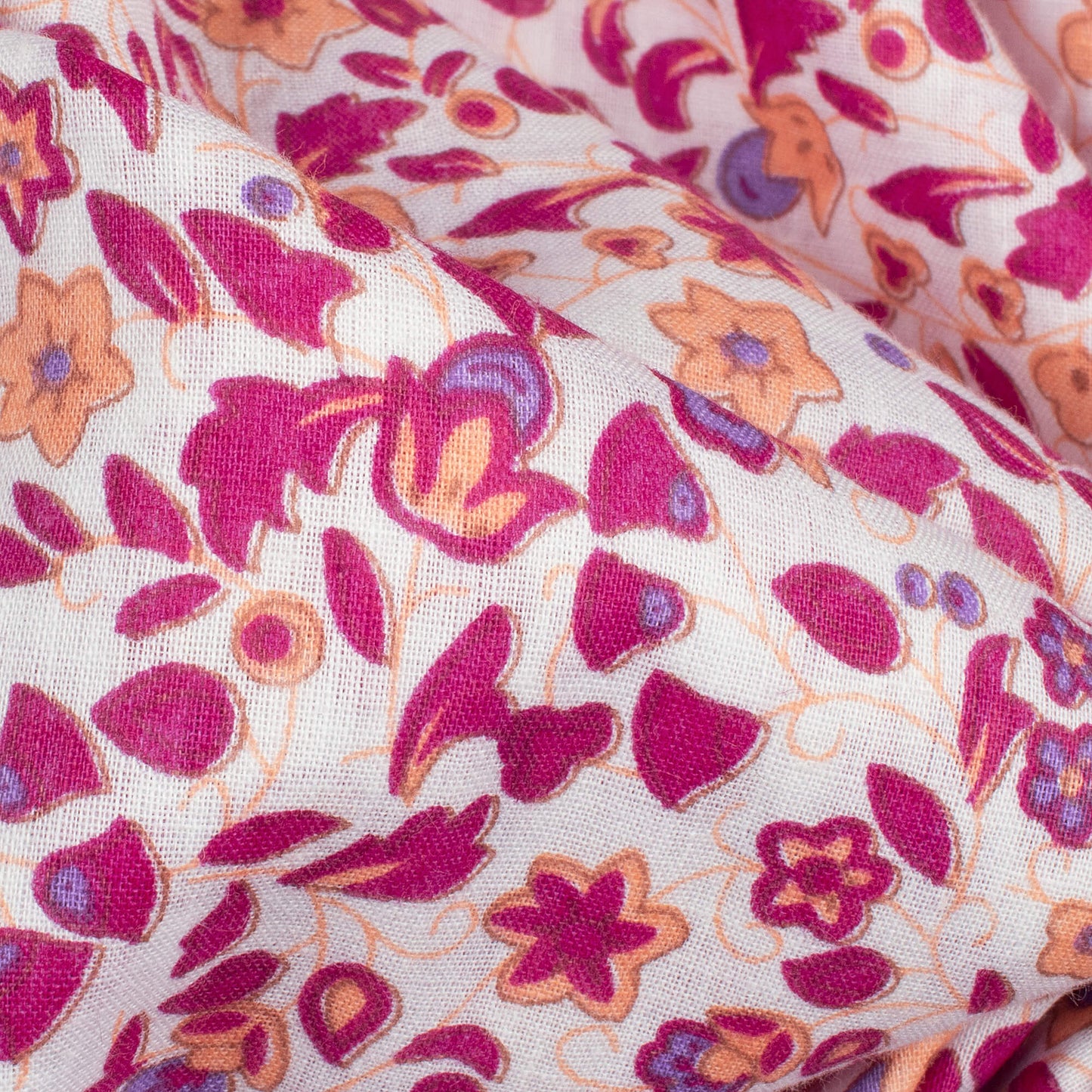 White And Magenta Purple Floral Pattern Screen Print Cotton Cambric Fabric