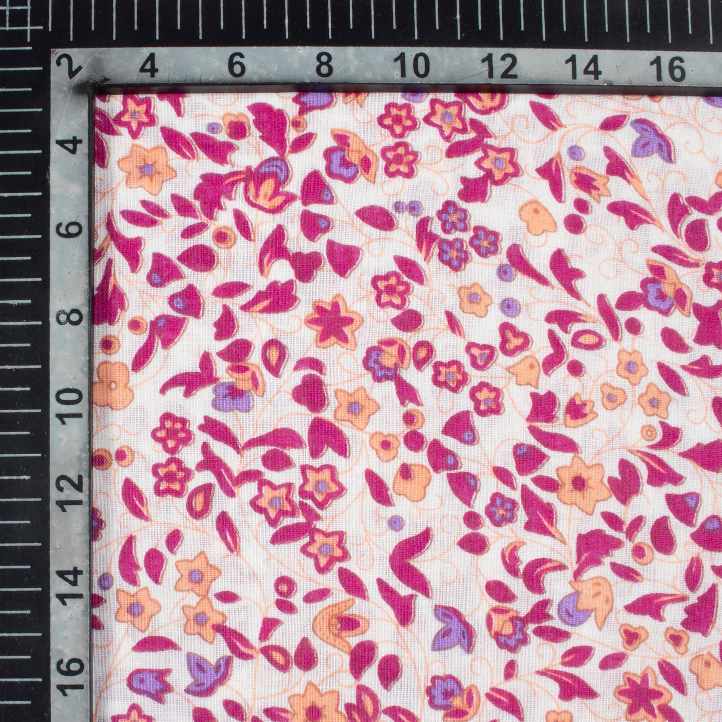 White And Magenta Purple Floral Pattern Screen Print Cotton Cambric Fabric