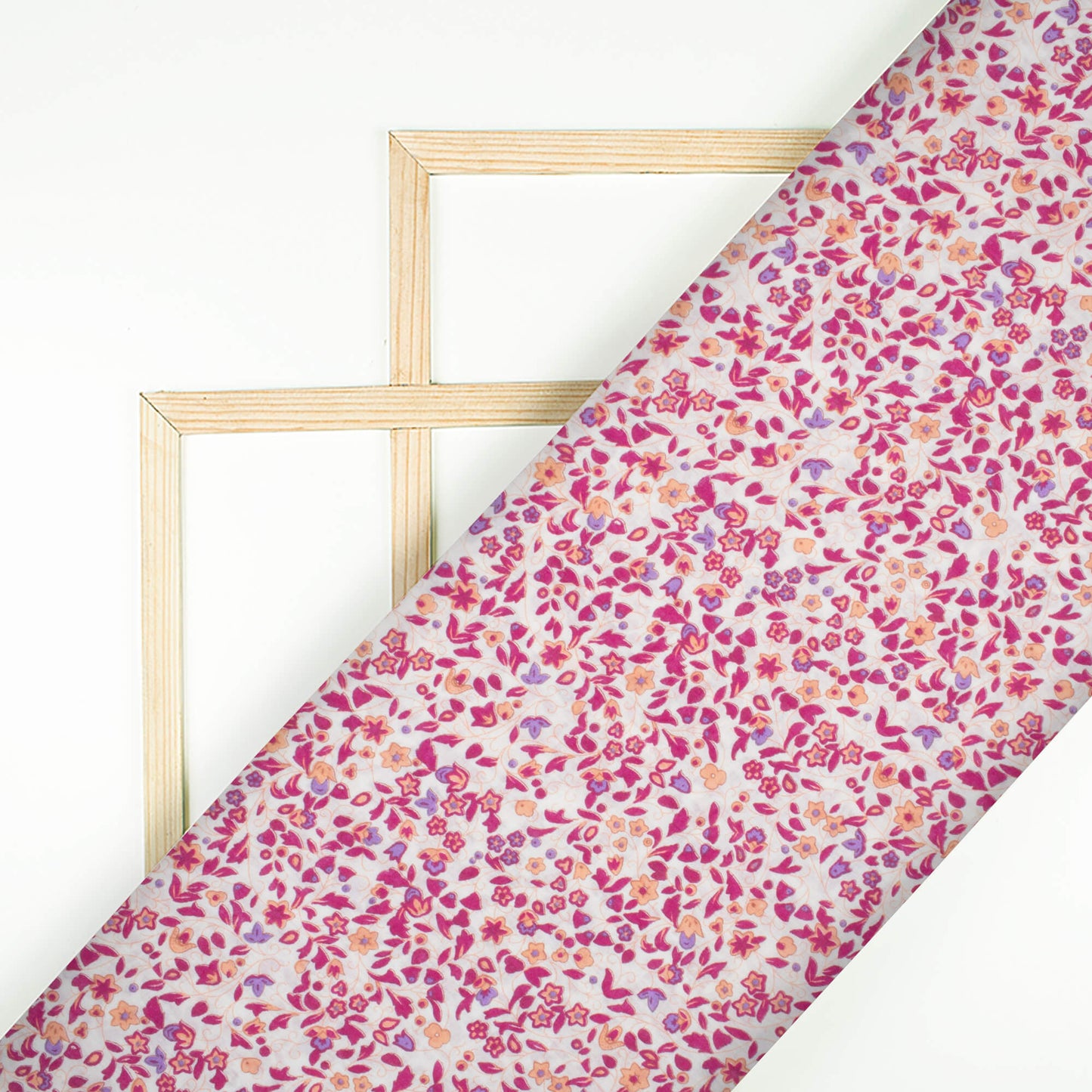 White And Magenta Purple Floral Pattern Screen Print Cotton Cambric Fabric