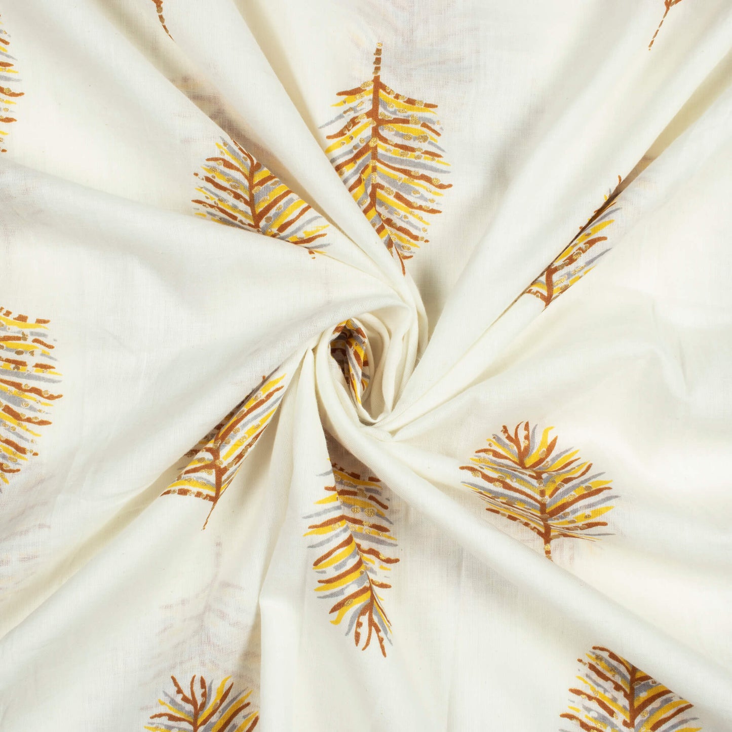 Off White And Laguna Yellow Leaf Pattern Screen Print Cotton Cambric Fabric